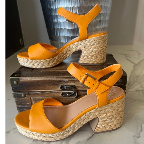 Vince Camuto Ranneli Leather Heeled Sandals in Mango - Picture 6 of 10
